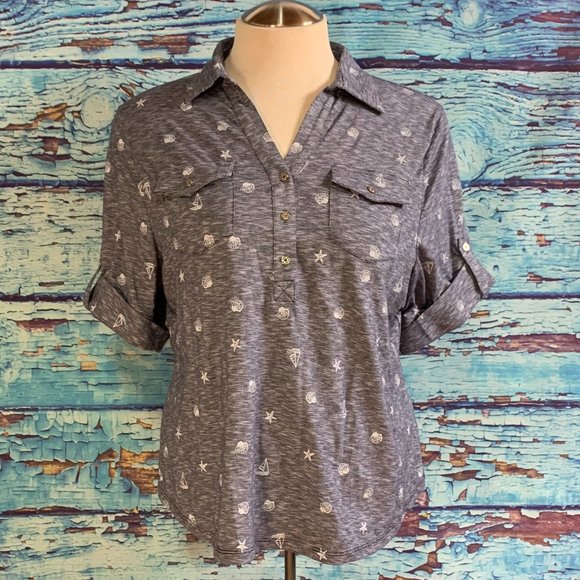 Emily Daniels Seashell/Starfish/Sailboat Short Sleeve Henley Blouse - Picture 1 of 5